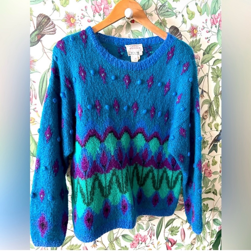 SUSAN BRISTOL VINTAGE WOOL BLEND HAND KNIT COLOURFUL PATTERNED SWEATER 22” PTP
